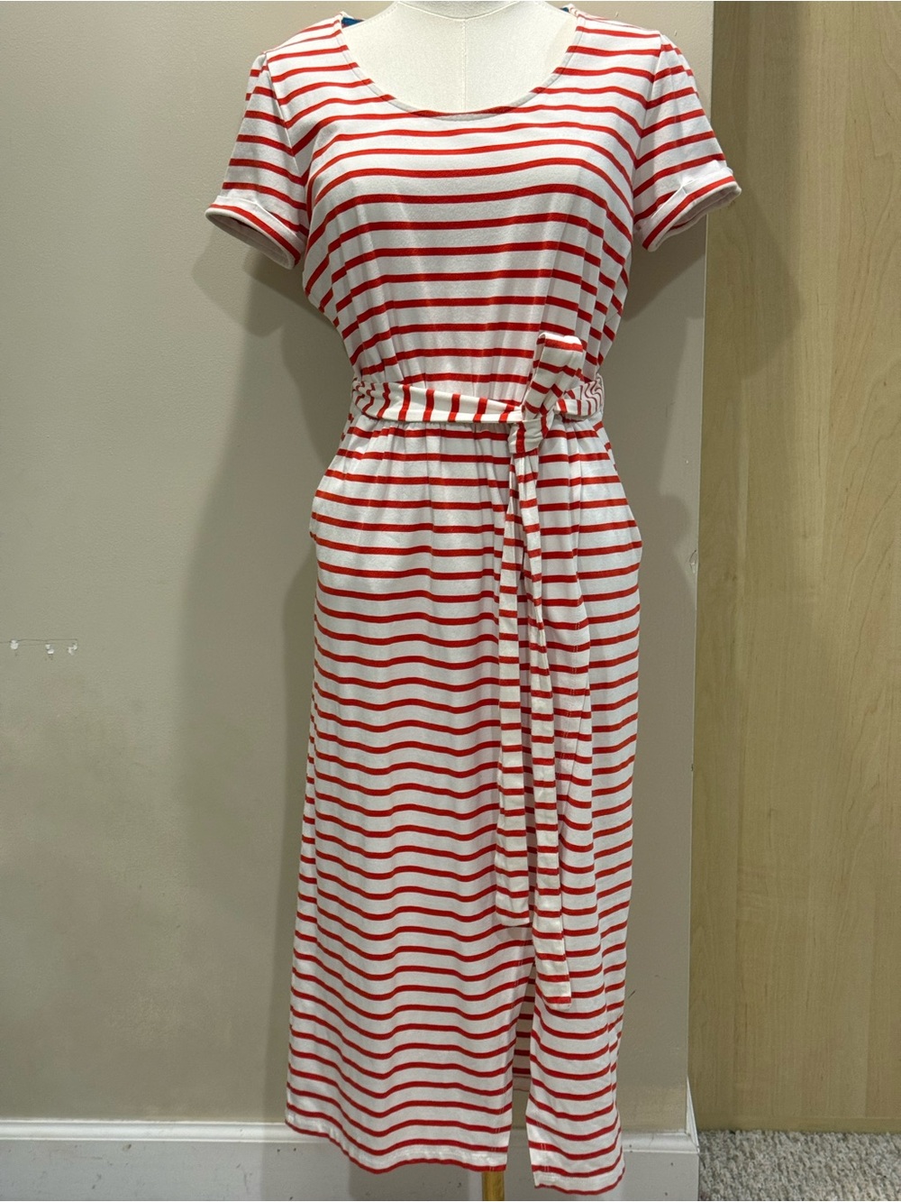 Boden Red & White Striped Tie-Waist Maxi Dress
